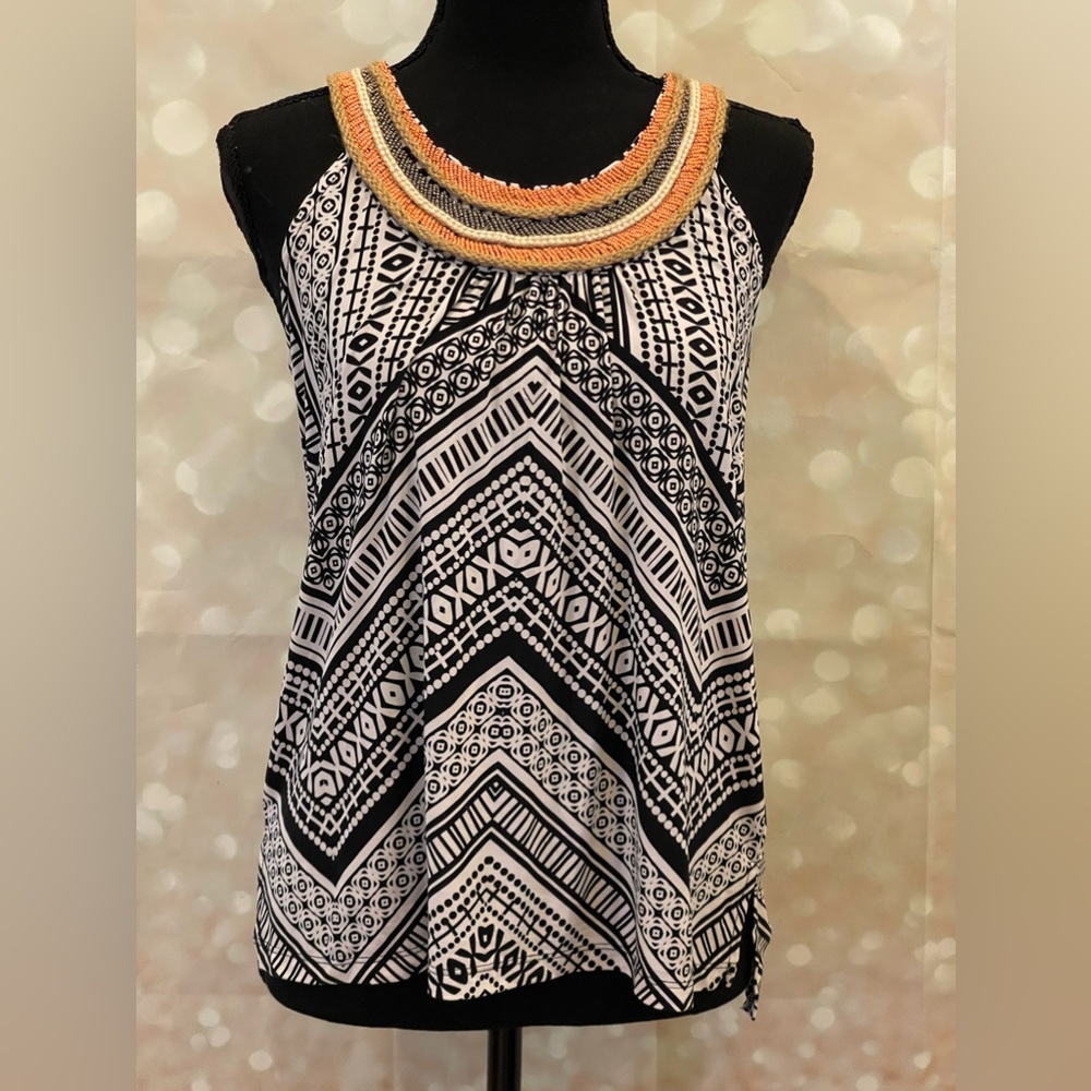 INC International Concepts Petite M Beaded/Braided Neckline Black/White‎